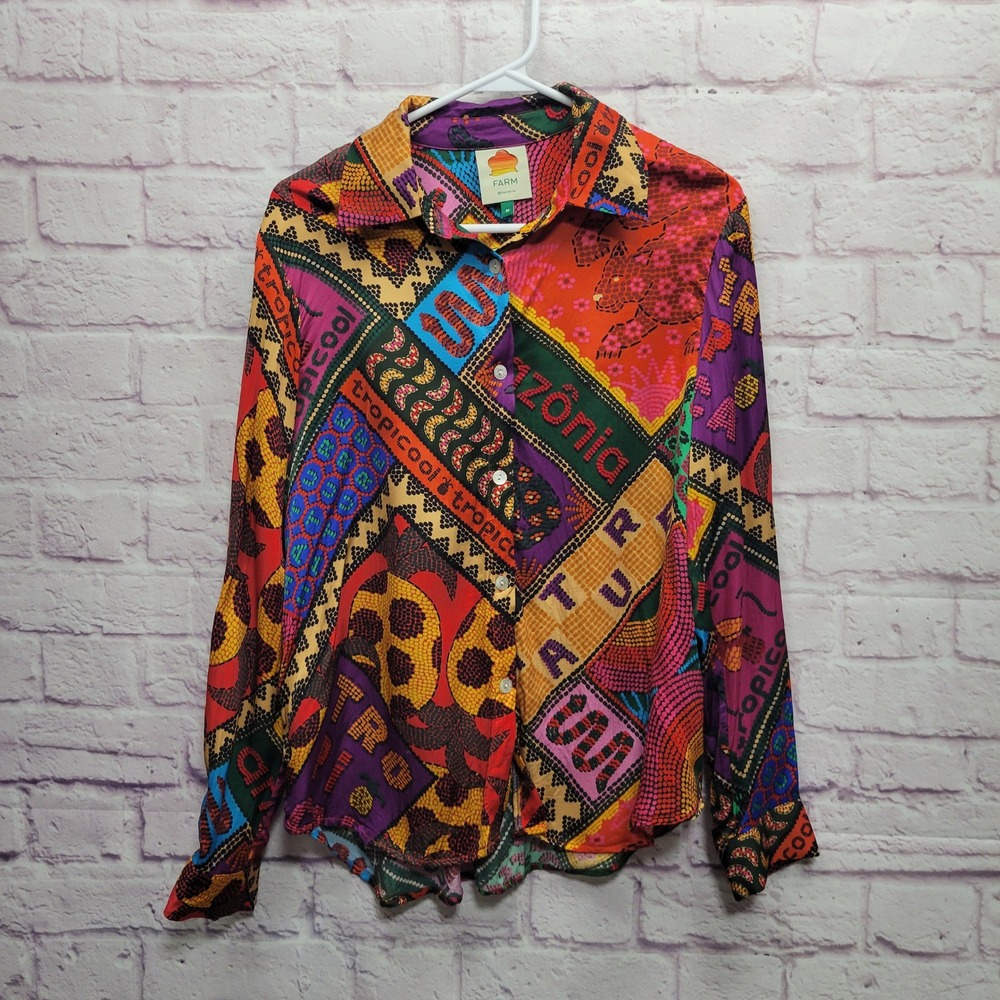 Farm Rio Dotted Patch Scarf Shirt Womens M Button Front Tropical Boho Resortwear